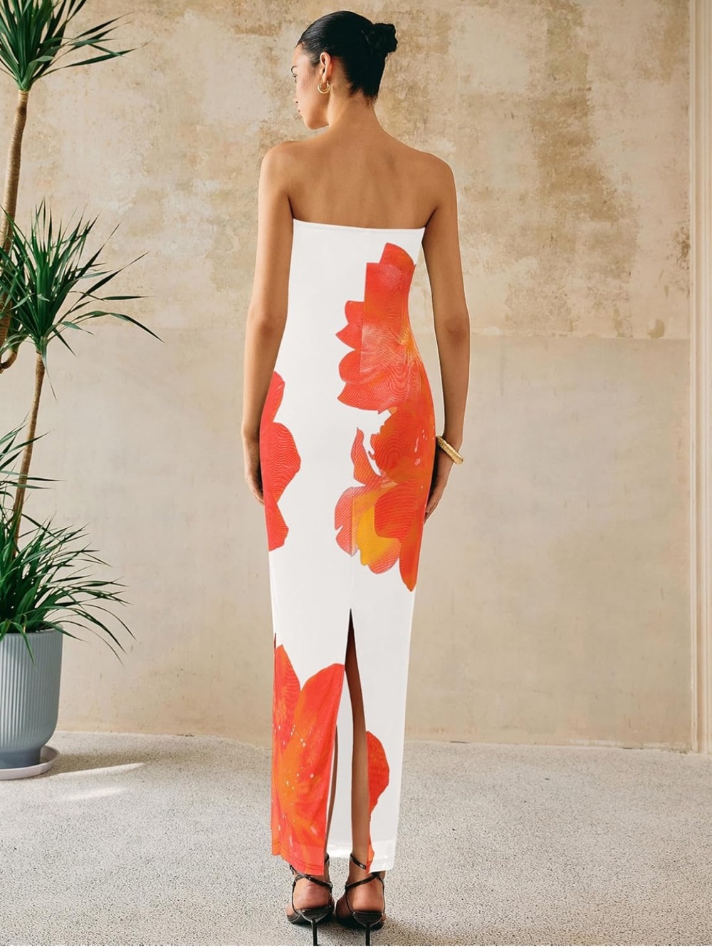 Amazon Strapless White Maxi Dress with Orange Floral Print - Picture 3 of 3
